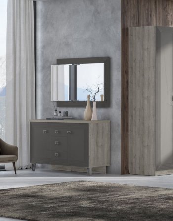 Комод 2дв, 3ящ Лежер КМ-3103 дуб серый/холст вулканический(СанТан) в Верхнем Тагиле - verhnij-tagil.mebel-e96.ru